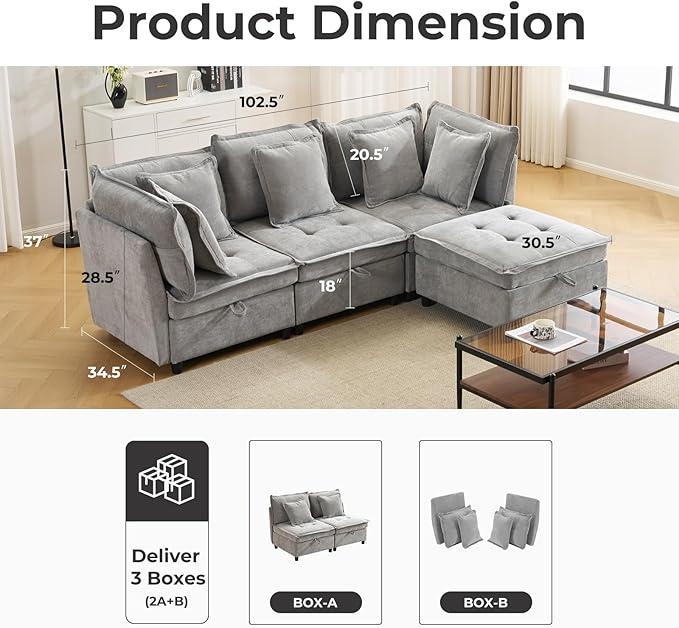 103" Modular Sectional Sofa, L-Shaped Corduroy Comfy Sectional Couches for Living Room, 3-Seater Cloud Couches with 1 Ottoman, Modern Deep Seat Sofa with Large Storage, Grey