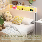 Twin Sized Headboard with 2 Tiers Storage Shelves, Sturdy and Stable Headboard with Charging Station, USB Ports and LED Light for Twin Bed Frames,White