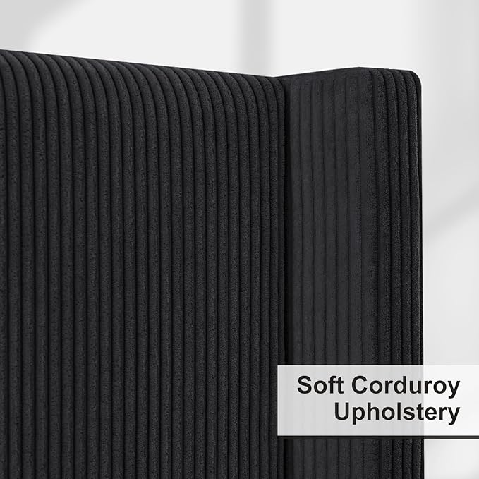 HOWE Queen Size 61" Corduroy Upholstered Bed Frame, Platform Bed with Vertical Stripe Wingback Headboard, No Box Spring Needed/Noise Free/Solid Wood Slats/Black
