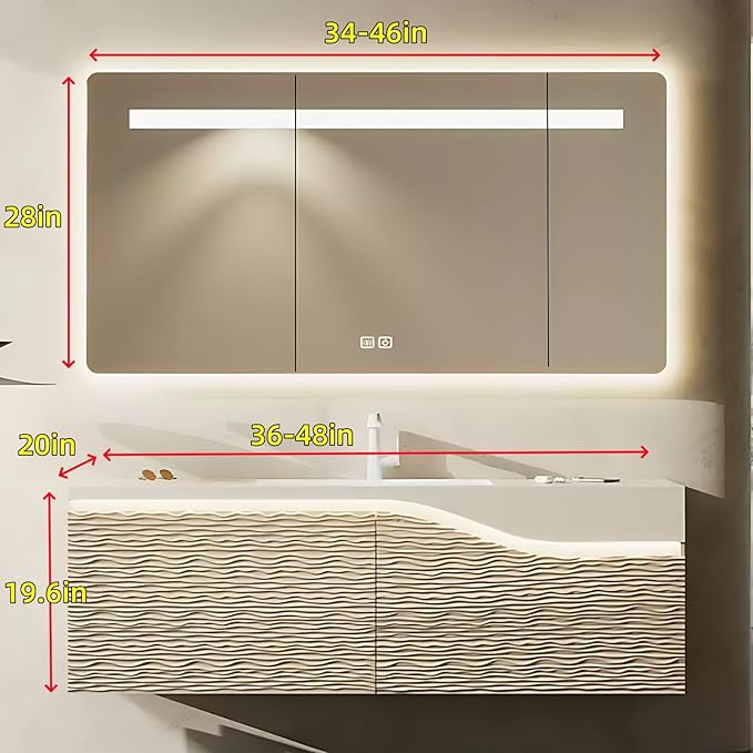 48in Elegant Modern Luxury Bathroom Vanity with Sink - Wall Mounted Solid Wood Cabinet & Smart LED Defogging Mirror | Single Sink Bathroom Cabinets