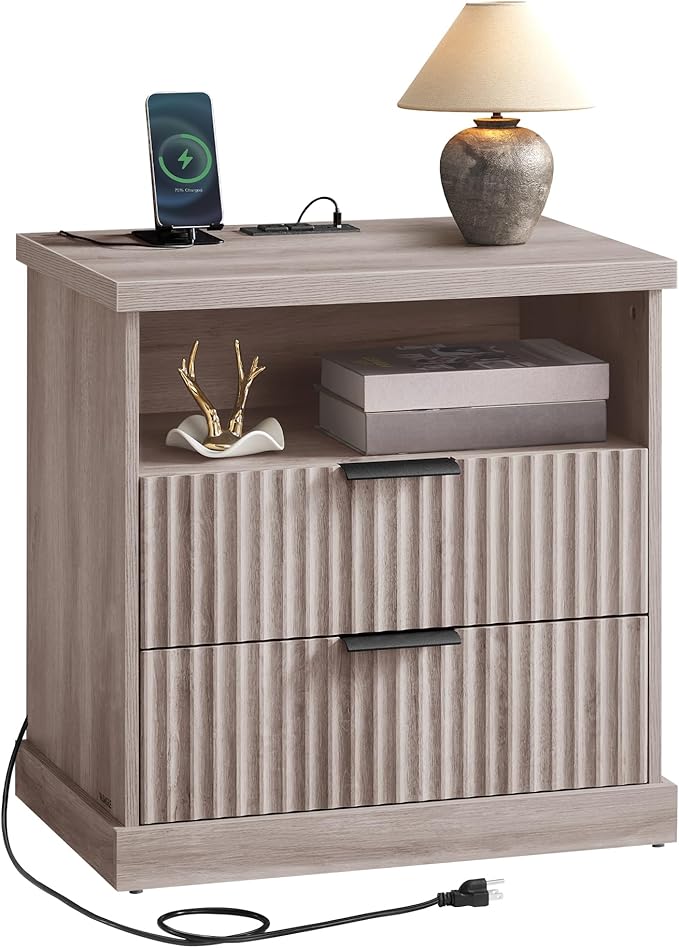 VASAGLE MAXE Collection - Nightstand with Charging Station, Fluted Night Stand, Bedside Table, Mid Century Modern Side End Table, 2 Drawers, 2 AC Outlets, 2 USB Ports, Washed Gray ULET626G01S