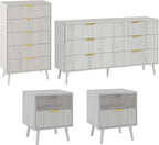 LYNSOM Fluted Dresser and Nightstand Sets 4 Piece, 1-Drawer Nightstands and 5/6 Drawers Dresser, Wood Bedroom Furniture Set for Home, Bedroom, Hallway, White