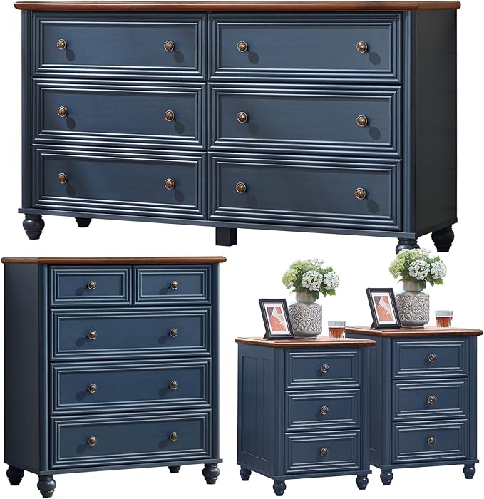 Farmhouse Dressers & Night Stand Set of 4, Wood 54" Wide 6 Drawer Dresser & 35" Tall Chest of Drawers, 18" Roman Column Nightstand Set of 2, Bedroom Furniture Dresser Sets for Home Living Room Hallway