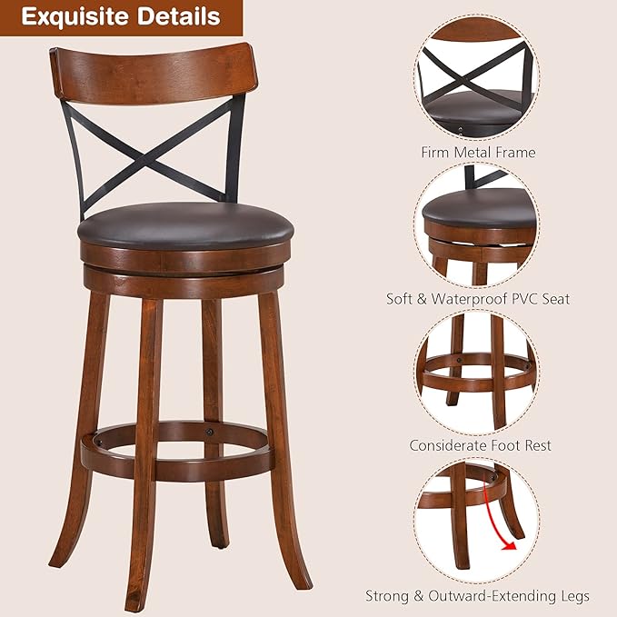 COSTWAY Bar Stool Set of 4, 360-Degree Swivel Solid Wood Stools with Soft Cushion & Backrest, 29.5” Height Kitchen Counter Bar Stools for Kitchen Island, Pub, and Restaurant (4, 29in)