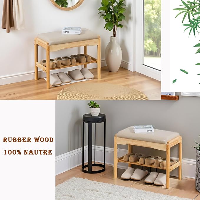 latifolia Small Shoe Bench, Solid Wood Bench with Cushion, 2 Tier Shoe Storage Organizer for Entryway(Nature,23.62''L)