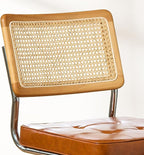 Brown Faux Leather Rattan Dining Chairs Set of 2, Wooden Mid Century Modern Dining Room Chairs, Mesh Back Cane Kitchen Chair, Cesca Design Chairs with Metal Chrome Legs