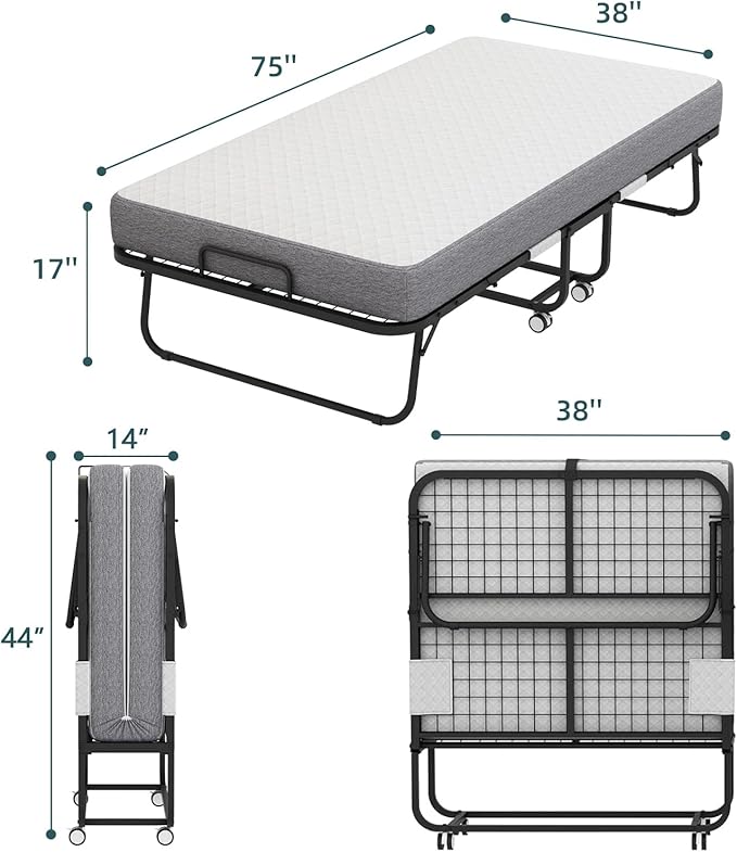 Folding Bed with Mattress, 75''x38'' Twin Size Rollaway Bed with Upgraded Rugged Frame, Guest Portable Foldable for Adults, Space-Saving Fold up