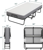 Folding Bed with Mattress, 75''x38'' Twin Size Rollaway Bed with Upgraded Rugged Frame, Guest Portable Foldable for Adults, Space-Saving Fold up