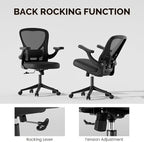 Computer Desk Chair with Wheels, Mesh Office Chair with Flip Up Arms, Adjustable Lumbar Support, Swivel Desk Chair Comfy, Black