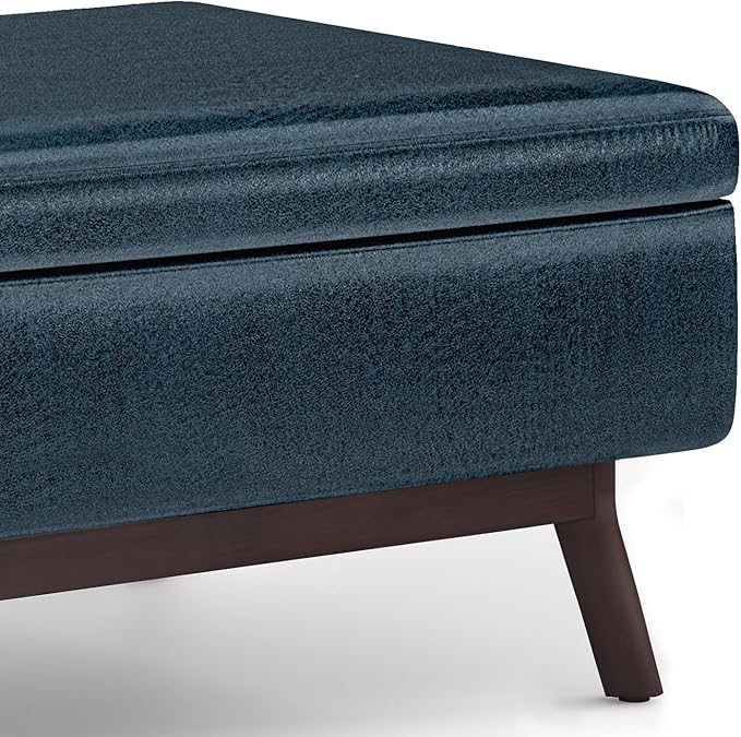 SIMPLIHOME Owen 34 inch Wide Mid Century Modern Rectangle Coffee Table Storage Ottoman in Distressed Dark Blue Vegan Faux Leather, Assembled, for the Living Room, Entryway and Family Room