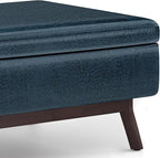 SIMPLIHOME Owen 34 inch Wide Mid Century Modern Rectangle Coffee Table Storage Ottoman in Distressed Dark Blue Vegan Faux Leather, Assembled, for the Living Room, Entryway and Family Room