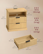 VASAGLE MAXE Collection - Set of 2 Nightstands with Charging Station, Fluted Night Stand, Bedside Table, Mid Century Modern Side End Table, 2 Drawers, 2 AC Outlets, 2 USB Ports, Oak Beige ULET926Y01