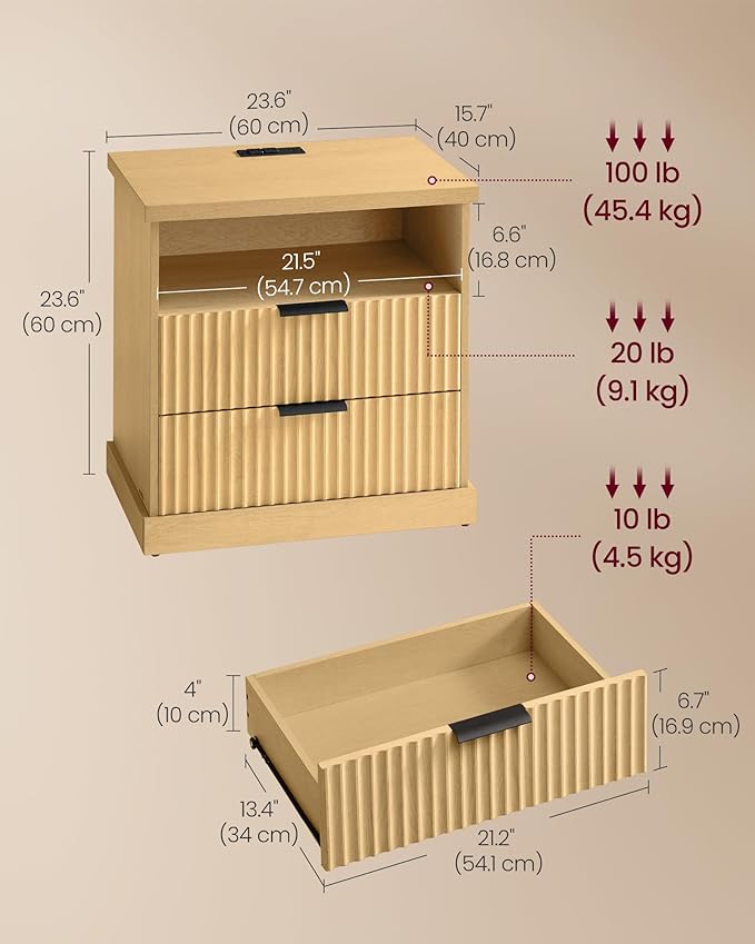 VASAGLE MAXE Collection - Set of 2 Nightstands with Charging Station, Fluted Night Stand, Bedside Table, Mid Century Modern Side End Table, 2 Drawers, 2 AC Outlets, 2 USB Ports, Oak Beige ULET926Y01
