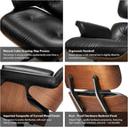 Top Black Grain Leather, Mid Century Chaise Lounge Chair and Ottoman, Modern Chair Classic Design, Heavy Duty Base Support for Living Room Study Lounge Office, Walnut