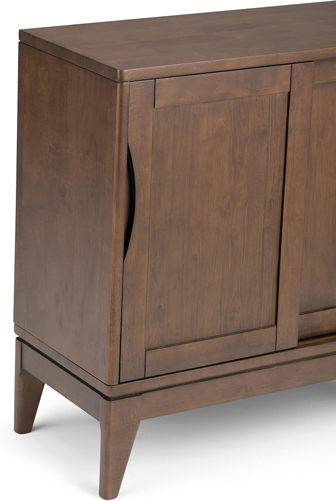SIMPLIHOME Harper SOLID WOOD 30 inch Wide Mid Century Modern Low Storage Cabinet in Walnut Brown, with Large Space Behind 2 Sliding Notched Handle Doors with 2 Adjustable Shelves