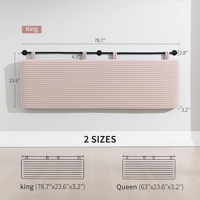 UEV King Headboard Only, Wall Mounted Hanging Upholstered Bed Head Board, Modern Vertical Channel Design of Fine Flannel, Elegant Pink Fluted Headboard for Bedroom (Pink, King Size)