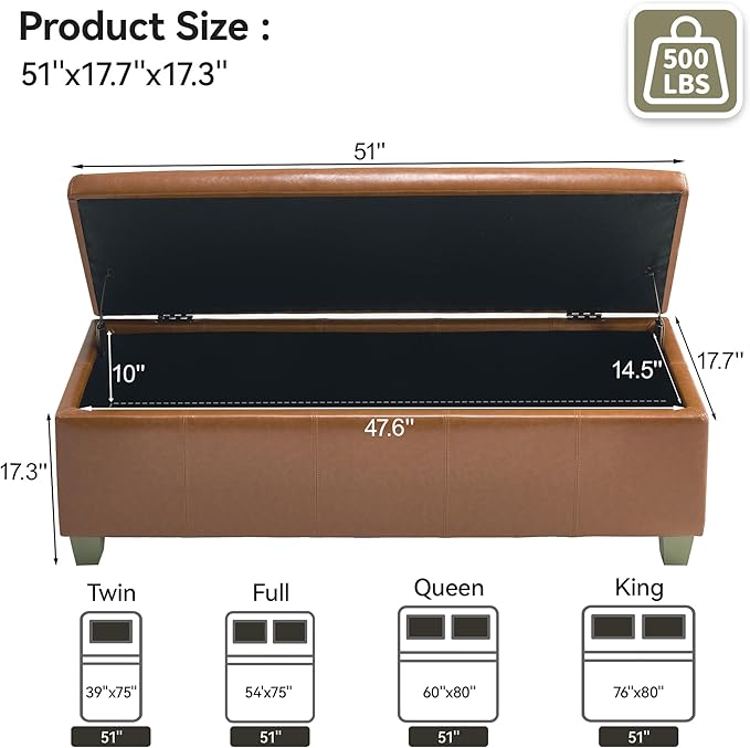 51" Faux Leather Storage Ottoman, Stitch Tufted Rectangle Upholstered End of Bed Storage Bench, Entryway Large Couch Ottoman with Wooden Legs, Light Brown