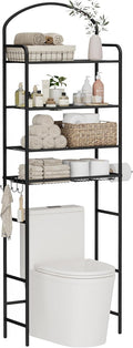 4-Tier Over The Toilet Storage, Bathroom Organizer, Space-Saving, Above Toilet Storage Rack with 4 Hooks and Paper Holder, Metal Shelf, Black
