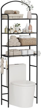 4-Tier Over The Toilet Storage, Bathroom Organizer, Space-Saving, Above Toilet Storage Rack with 4 Hooks and Paper Holder, Metal Shelf, Black