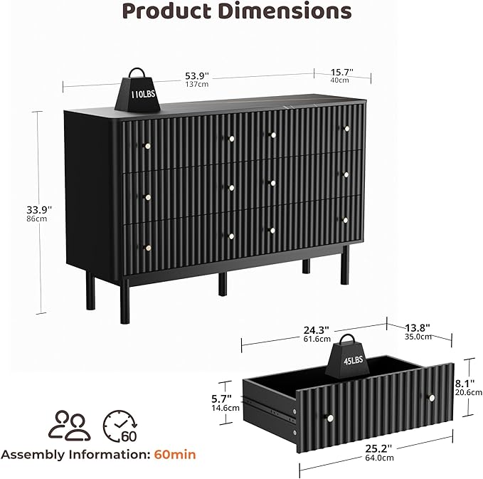 RECCI Fluted 6 Drawers Dresser for Bedroom, 54" Wide Chest of Drawers with 3D Fluted Panel, Faux Marble Top, Solid Wood Legs, Storage Drawers, TV Stand, Closet Chests for Bedroom, Black