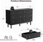 RECCI Fluted 6 Drawers Dresser for Bedroom, 54" Wide Chest of Drawers with 3D Fluted Panel, Faux Marble Top, Solid Wood Legs, Storage Drawers, TV Stand, Closet Chests for Bedroom, Black