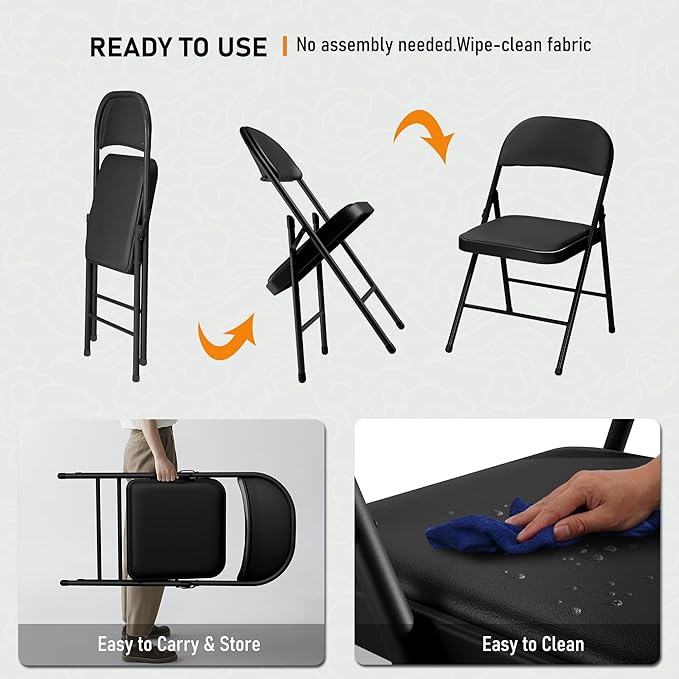 SEALAMB 6 Pack Black Folding Chairs with Padded Seats & Cushion, Durable Metal Foldable Chairs for Wedding Party, Commercial Chairs for Office School Church Events, 330lb Capacity (Black-PU, 6 Pack)