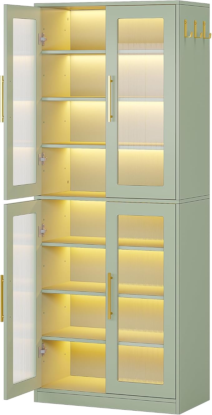 Tribesigns Tall Shoe Storage Cabinet with Acrylic Doors and LED Lights, 8-Tier Entryway Shoe Organizer Rack with Adjustable Shelves and Hanging Hooks for Narrow Closet, Hallway, Mint Green