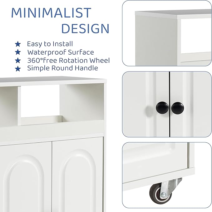 Bathroom Storage Cart with Doors，3-Door Cabinet & Divided Open Shelf，Rolling Organizer Cart for Bathroom, Toilet，White (1)