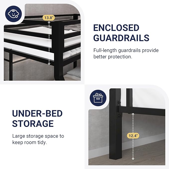 Allewie Metal Bunk Bed Twin Over Full Size for Junior & Adults with Ladder and Heavy Duty Guardrail, Small Space Saving Design for Bedroom Kid Room and Dorm, Black