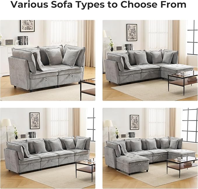 103" Modular Sectional Sofa, L-Shaped Corduroy Comfy Sectional Couches for Living Room, 3-Seater Cloud Couches with 1 Ottoman, Modern Deep Seat Sofa with Large Storage, Grey
