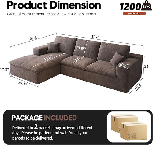 107'' L-Shaped Modern Modular Sectional Cloud Couch, 4-Seat Chenille Deep-Seat Sofa with Pillow for Living Room, Bedroom, Apartment, Camel