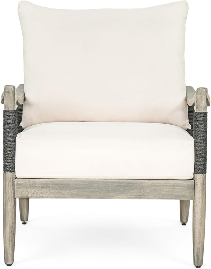 Christopher Knight Home Havets Patio Acacia Wood Club Chair with Woven Rope, Comfortable Outdoor Armchair, Water-Repellent Thick Cushion Deep Seating for Porch, Garden, Backyard, Balcony, Gray+Beige