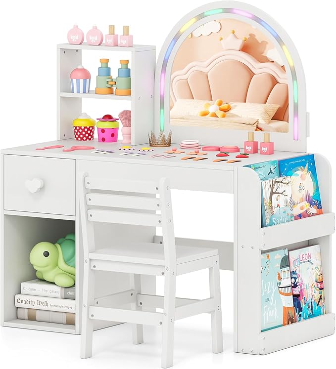 Costzon Kids Vanity, Girls Vanity Set with Lighted Mirror, Bookshelf, Drawer, Storage Cabinet & Shelves, Toddler Makeup Vanity Desk Dressing Table, Wooden Kids Vanity Table and Chair Set (White)