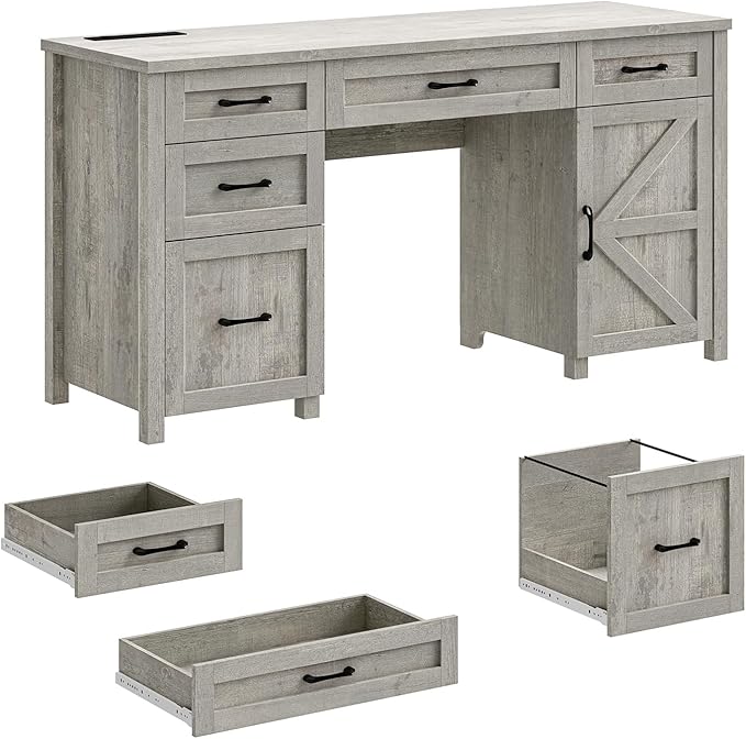 Vabches Farmhouse 61'' Executive Desk with 5 Drawers, Rustic Office Desk Computer Desks with Charging Station, File Drawers and Storage Cabinet, Wood Workstation for Study and Home Office,(Grey).