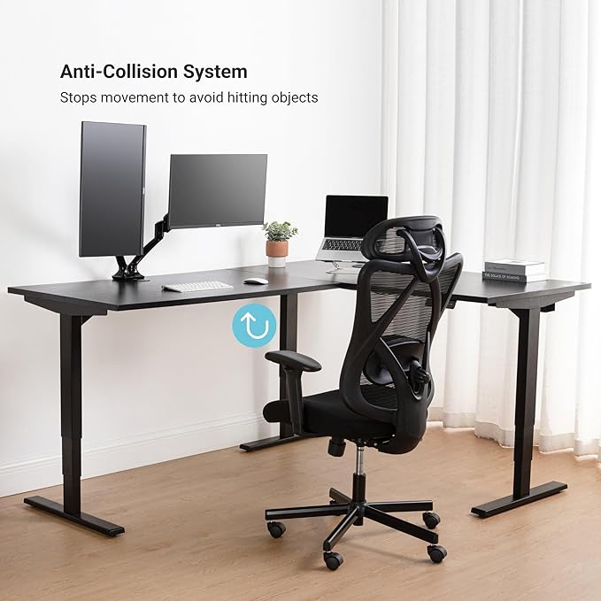 Progressive Desk Stand Up Height Adjustable Standing Desk - L Shaped 85" x 72" Corner Computer Rising Workstation Electric Table - Warm White, Black Frame