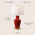 JONATHAN Y JYL4026G Julian 29" Traditional Classic Ceramic Urn LED Table Lamp, Red for Bedroom, Living Room, Kitchen, Home Office, Kids Room