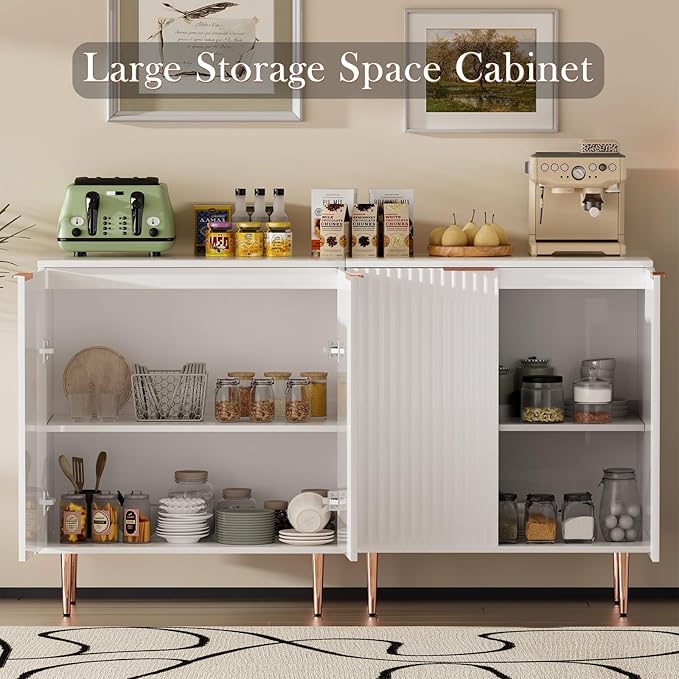 EOYUTLLY White Fluted Buffet Storage Cabinet,Wood Sideboard Buffet Cabinet with Adjustable Shelf & Rose Gold Colored Metal Legs, Accent Cabinet for Living Room,Kitchen, Assemble Easily