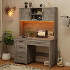 Farmhouse 67" H Executive Desk with Hutch,Computer Desk with 4 Drawers and LED light, Office table with Storage Cabinet & File Drawers and Charging Station,Workstation for Home Office and Study(Grey)