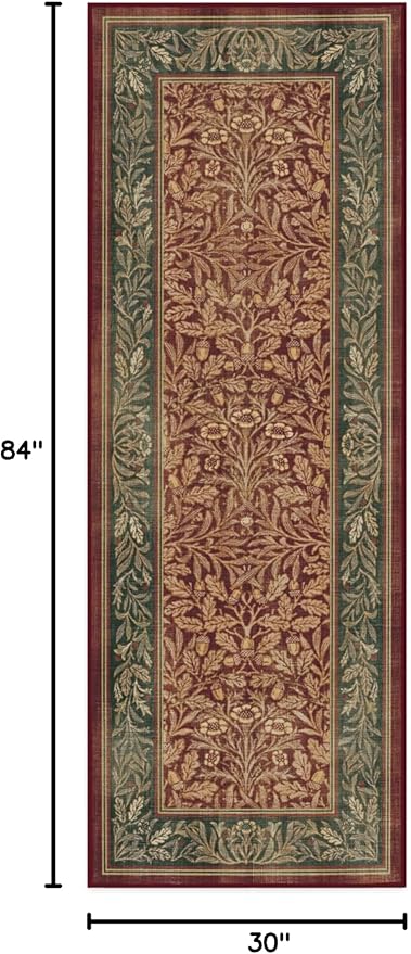 RUGGABLE x Morris & Co Machine Washable Christmas Runner Rug – Acorn Amber Red 2.5x7, Stain-Resistant, Non-Slip – Washable Rug for Hallway, Entryway, Living Room & Kitchen–with Standard Pad