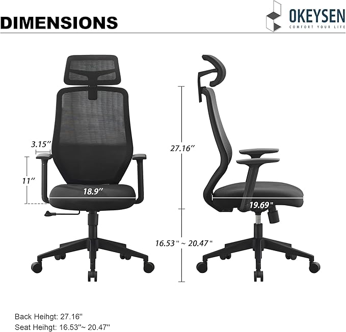 Okeysen Ergonomic Mesh Office Chair, High Back Swivel Computer Chair with 2D Adjustable Headrest, S-Shaped Lumbar Support, and Breathable Padded Seat for Home Office