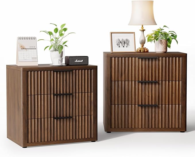 Night Stand with 3 Drawers, 23" Wide Modern Bedside Table with Large Storage, Fluted Bed Side End Table with Metal Handle, Tall Nightstand for Bedroom, Living Room, Office, Walnut, Set of 2