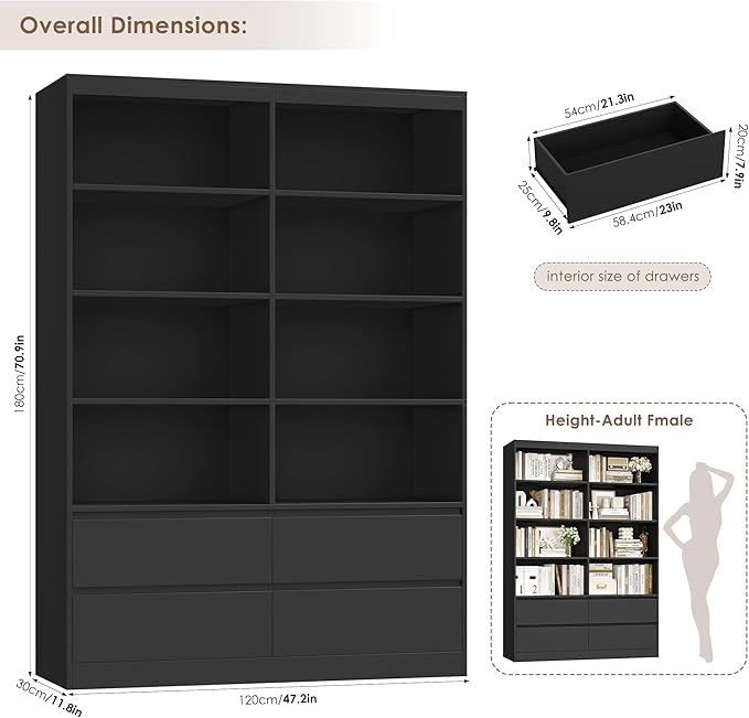 FINETONES 71" Black Bookshelf with Drawers, 47.3" Double Wide Bookshelves and Bookcases with Storage, Tall Bookshelf Large Open Book Shelf Standing Book Case for Home Office, Black