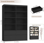 FINETONES 71" Black Bookshelf with Drawers, 47.3" Double Wide Bookshelves and Bookcases with Storage, Tall Bookshelf Large Open Book Shelf Standing Book Case for Home Office, Black