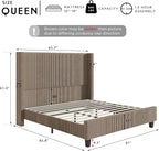HOWE Queen Size 61" Corduroy Upholstered Bed Frame, Platform Bed with Vertical Stripe Wingback Headboard, No Box Spring Needed/Noise Free/Solid Wood Slats & Legs/Chestnut