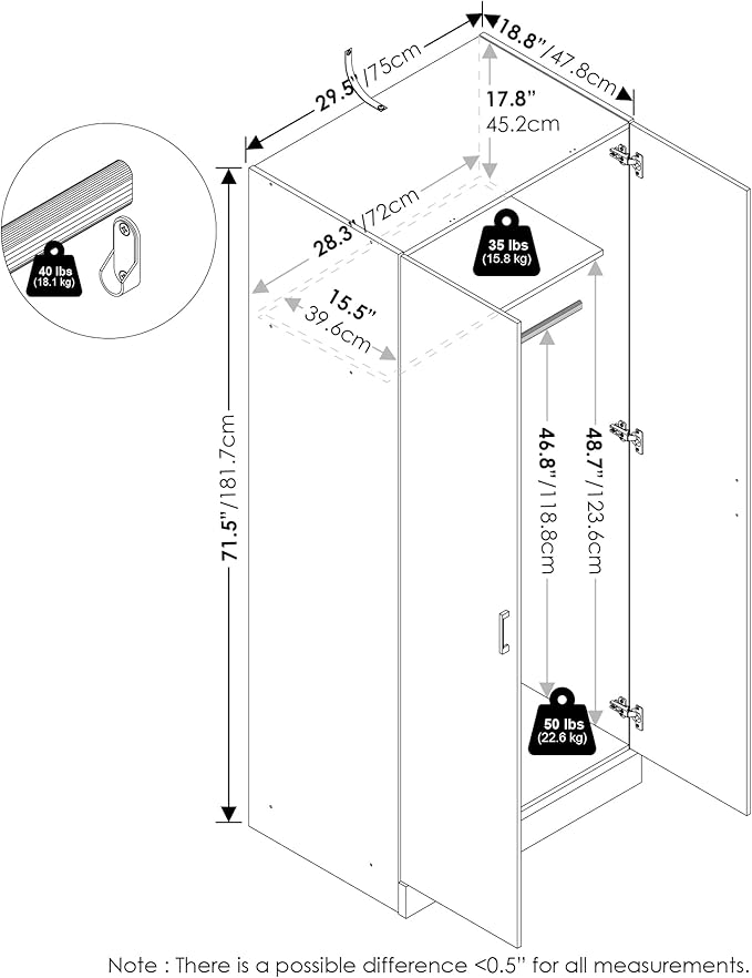 Furinno Robin Wardrobe Cabinet with Hanging Rod, Closet Organizers and Storage, for Wardrobe, Bedroom, Living Room, Entryway, White