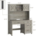 Farmhouse 67" H Executive Desk with Hutch,Office Desk with 4 Drawers and LED light, Wood Workstation for Home Office and Study, Computer Desk with Storage Cabinet,File Drawers, Charging Station.Gray