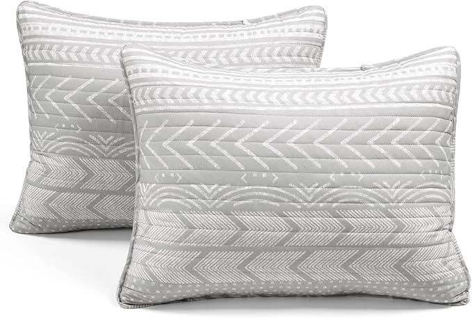 Lush Decor Hygge Geo Pattern Striped 3 Piece Quilt Bedding Set, King, Light Gray