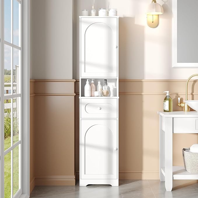 Maupvit 65" Tall Bathroom Storage Cabinet, Narrow Storage Cabinet with 2 Doors and Drawer, Bathroom Organizers with Adjustable Shelves for Living Room, Entryway, White