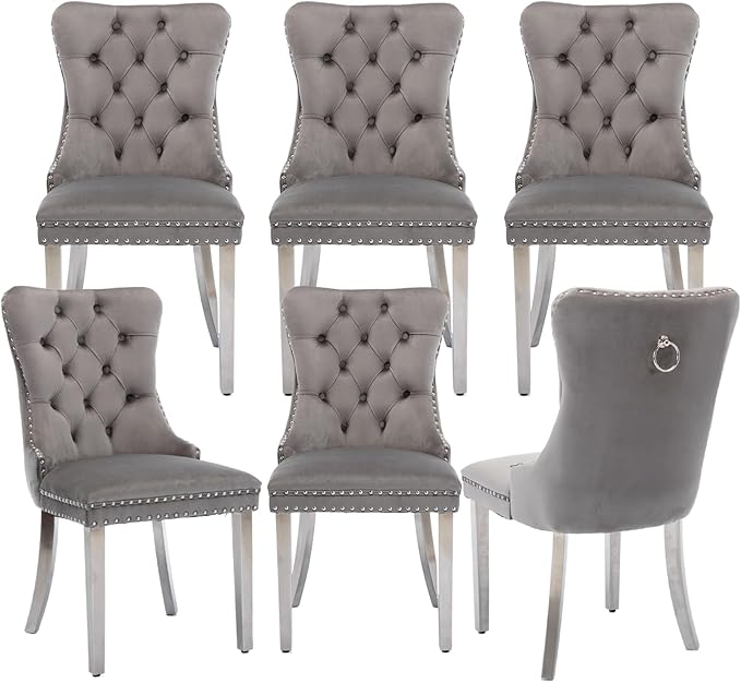 Velvet Upholstered Dining Chairs Set of 6, Modern Style Kitchen Side Chairs with Nailhead Trim and Silver Plated Leg, Metal Pulling Ring for Dining Room Living Room(Gery-Silver Plated Leg)
