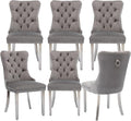 Velvet Upholstered Dining Chairs Set of 6, Modern Style Kitchen Side Chairs with Nailhead Trim and Silver Plated Leg, Metal Pulling Ring for Dining Room Living Room(Gery-Silver Plated Leg)